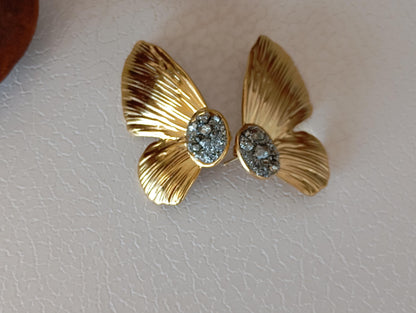 Natural Pyrite Earrings, flower leafs studs, wealth stone, Stainless steel studs , Handmade natural-inspired Bohemian Dainty Elegant Unique