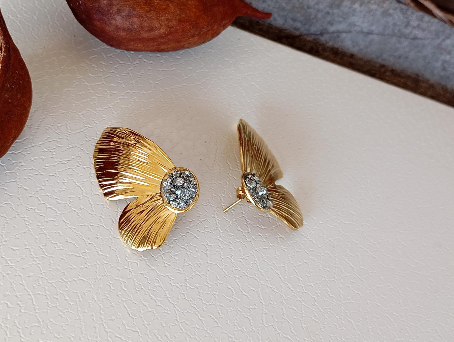 Natural Pyrite Earrings, flower leafs studs, wealth stone, Stainless steel studs , Handmade natural-inspired Bohemian Dainty Elegant Unique