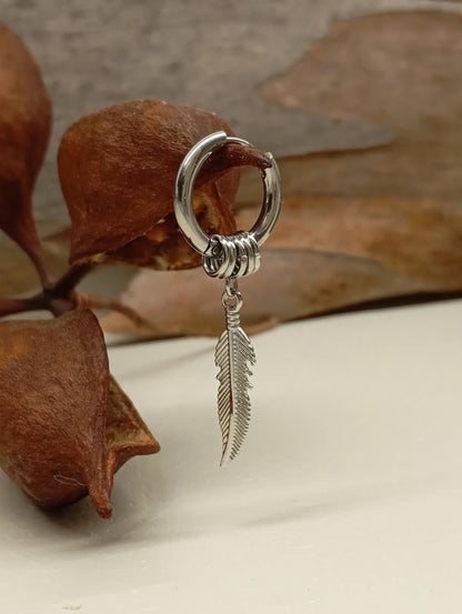 Surgical Steel Feather Hoop Earrings - Boho Punk Hippie, single or pair, Stainless Steel Hoops, Minimalist Gothic Jewelry,  Gift for Her/Him
