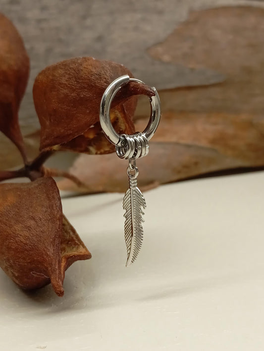 Surgical Steel Feather Hoop Earrings - Boho Punk Hippie, single or pair, Stainless Steel Hoops, Minimalist Gothic Jewelry,  Gift for Her/Him