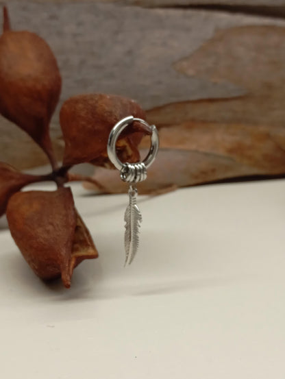 Surgical Steel Feather Hoop Earrings - Boho Punk Hippie, single or pair, Stainless Steel Hoops, Minimalist Gothic Jewelry,  Gift for Her/Him