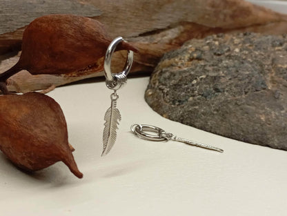 Surgical Steel Feather Hoop Earrings - Boho Punk Hippie, single or pair, Stainless Steel Hoops, Minimalist Gothic Jewelry,  Gift for Her/Him