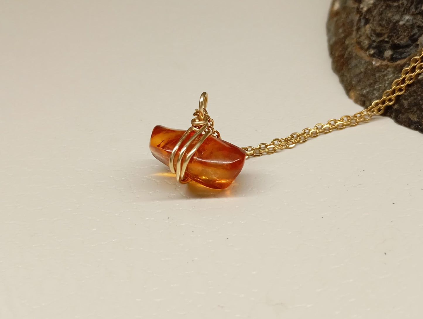 Handmade Baltic Amber Necklace – 24K Gold Plated Copper Wire Wrap, Stainless Steel Chain 45cm, Unique Natural Gemstone Pendant