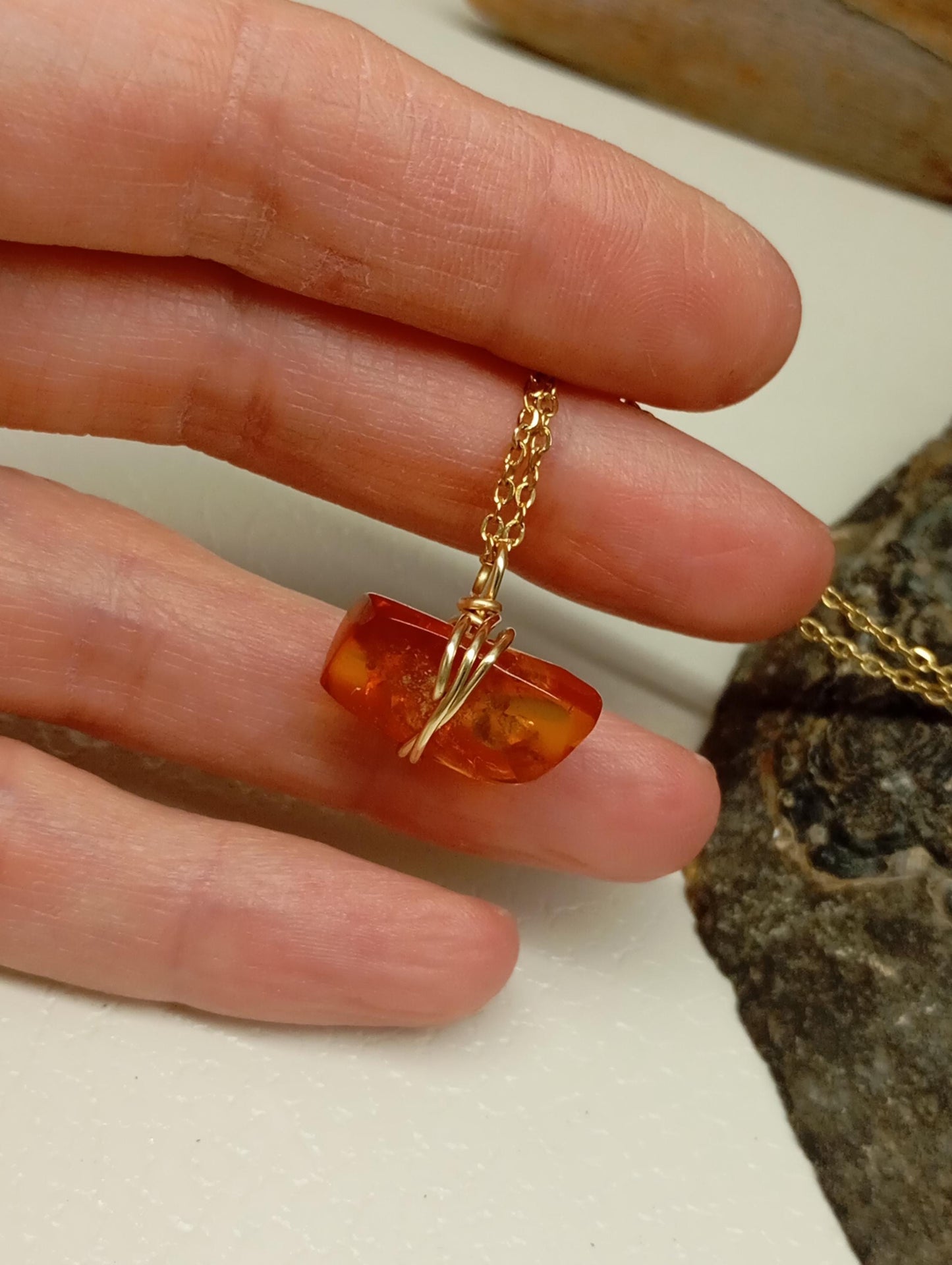Handmade Baltic Amber Necklace – 24K Gold Plated Copper Wire Wrap, Stainless Steel Chain 45cm, Unique Natural Gemstone Pendant