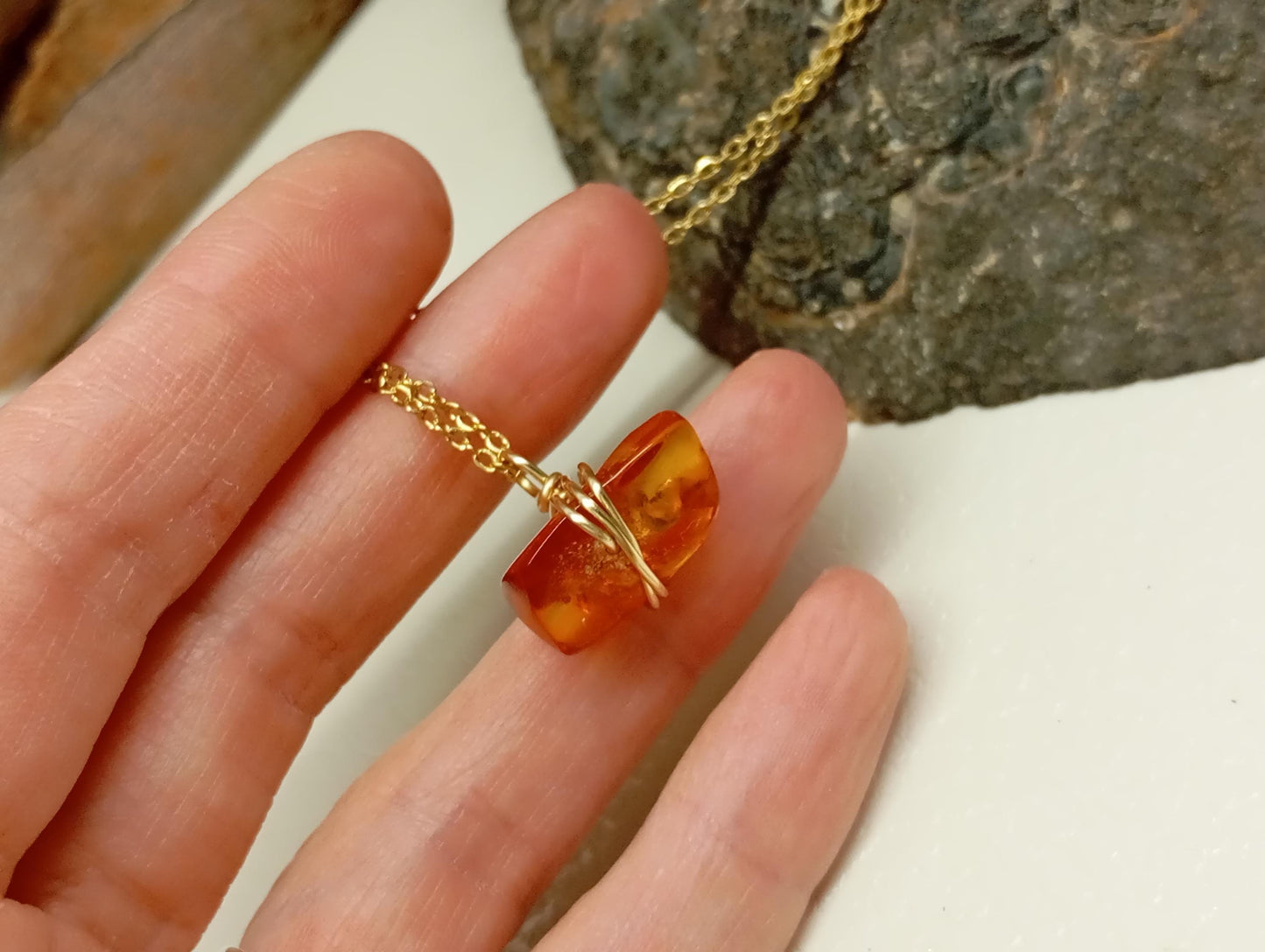 Handmade Baltic Amber Necklace – 24K Gold Plated Copper Wire Wrap, Stainless Steel Chain 45cm, Unique Natural Gemstone Pendant