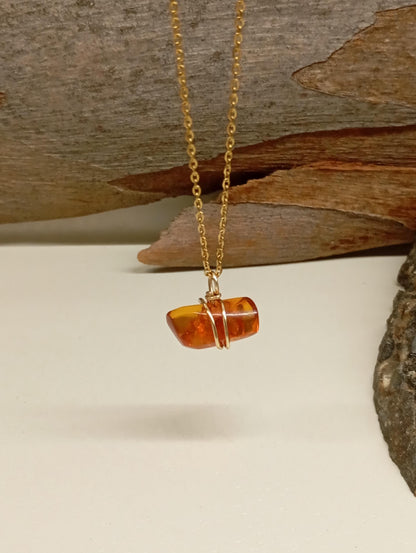 Handmade Baltic Amber Necklace – 24K Gold Plated Copper Wire Wrap, Stainless Steel Chain 45cm, Unique Natural Gemstone Pendant