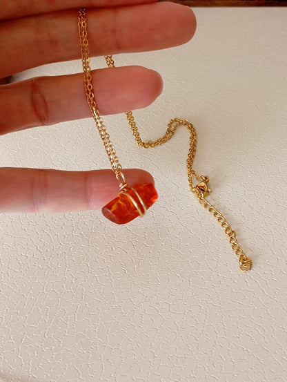 Handmade Baltic Amber Necklace – 24K Gold Plated Copper Wire Wrap, Stainless Steel Chain 45cm, Unique Natural Gemstone Pendant