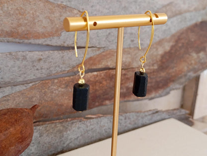 Raw Black Tourmaline Earrings, Stainless steel earrings, Raw Crystal Earrings,Healing Protection Long Dainty Elegant Natural Gemstone