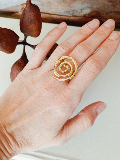 Gold Spiral Open Ring Adjustable  Stainless Steel Statement Ring, Bold Modern Jewelry Gift for Her