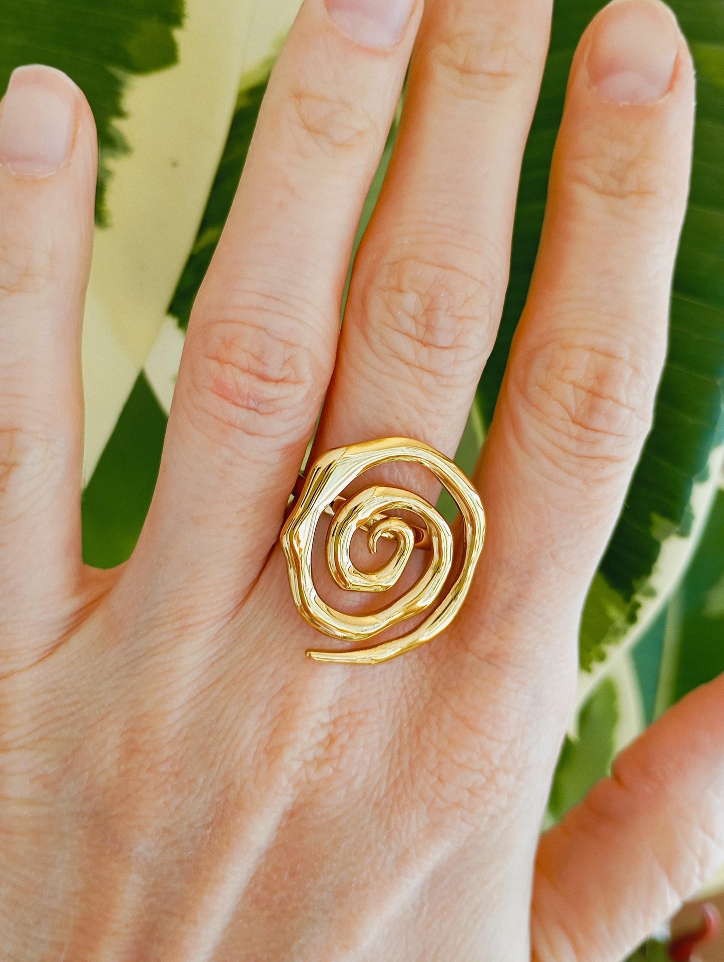 Gold Spiral Open Ring Adjustable  Stainless Steel Statement Ring, Bold Modern Jewelry Gift for Her