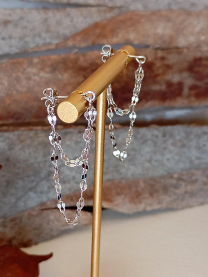 Elegant Double Chain Earrings Studs, sterling silver & gold plated, fashion design, Party, Wedding, Daily, Dainty, trendy