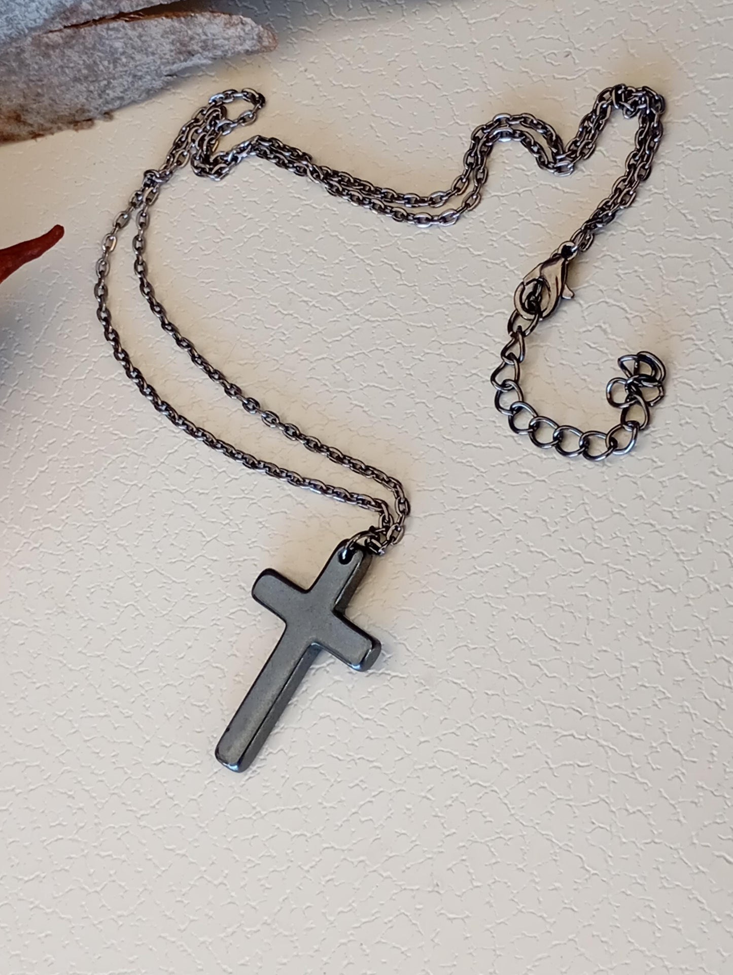 Hematite Cross Pendant Necklace,  Christian Religious Classic Cross Charms Gemstone Necklace, stainless steel chain Men , Gift for beliver