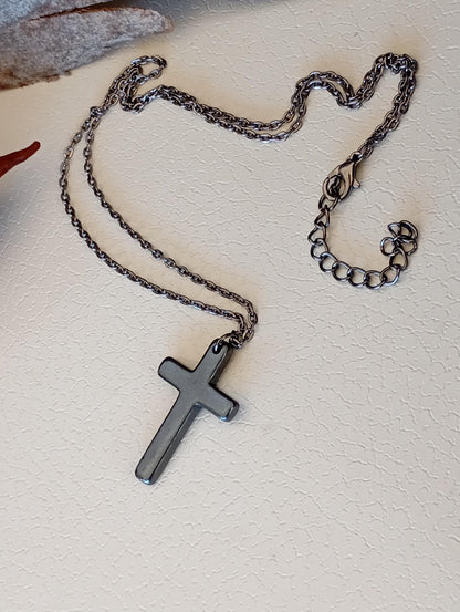Hematite Cross Pendant Necklace,  Christian Religious Classic Cross Charms Gemstone Necklace, stainless steel chain Men , Gift for beliver