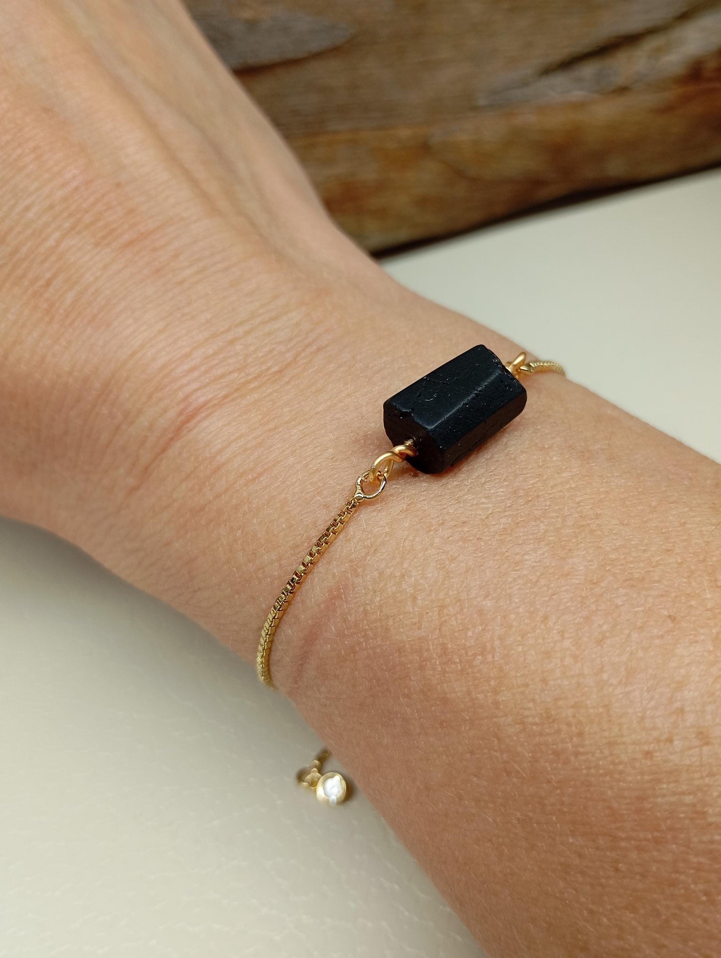 Black Tourmaline Bracelet Gold plated adjustable chain, Natural Raw Gemstone, Healing,Protection from negative energy and evil eye, mascot