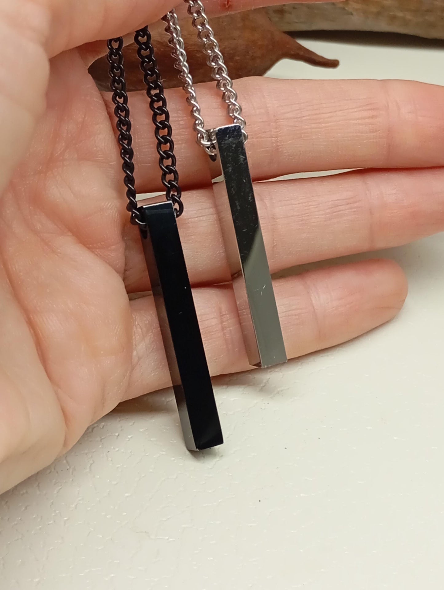 Rectangular Bar Pendant Necklace – Stainless Steel, Silver or Black