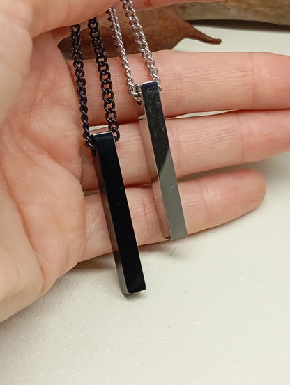 Rectangular Bar Pendant Necklace – Stainless Steel, Silver or Black