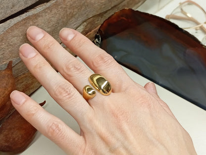 Bold Asymmetric Open Ring – 18K Gold Plated Stainless Steel Adjustable Statement Ring, Waterproof Jewelry for Her