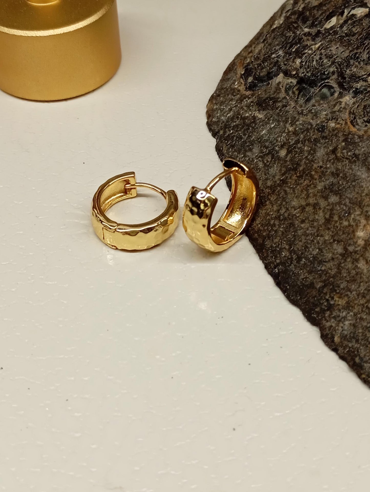 Gold Stainless Steel Huggie Hoop Earrings – Hammered Textured, Hypoallergenic, Waterproof, minimalist, every day, elegant