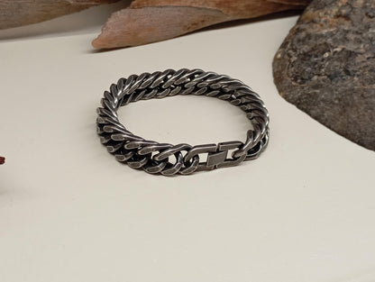 Mans Oxidized Cuban link chain bracelet in stainless steel with sturdy box clasp, thick  masculine , modern, bild wristband