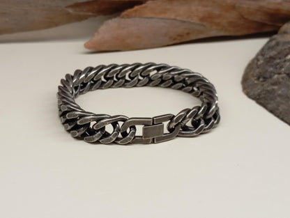 Mans Oxidized Cuban link chain bracelet in stainless steel with sturdy box clasp, thick  masculine , modern, bild wristband