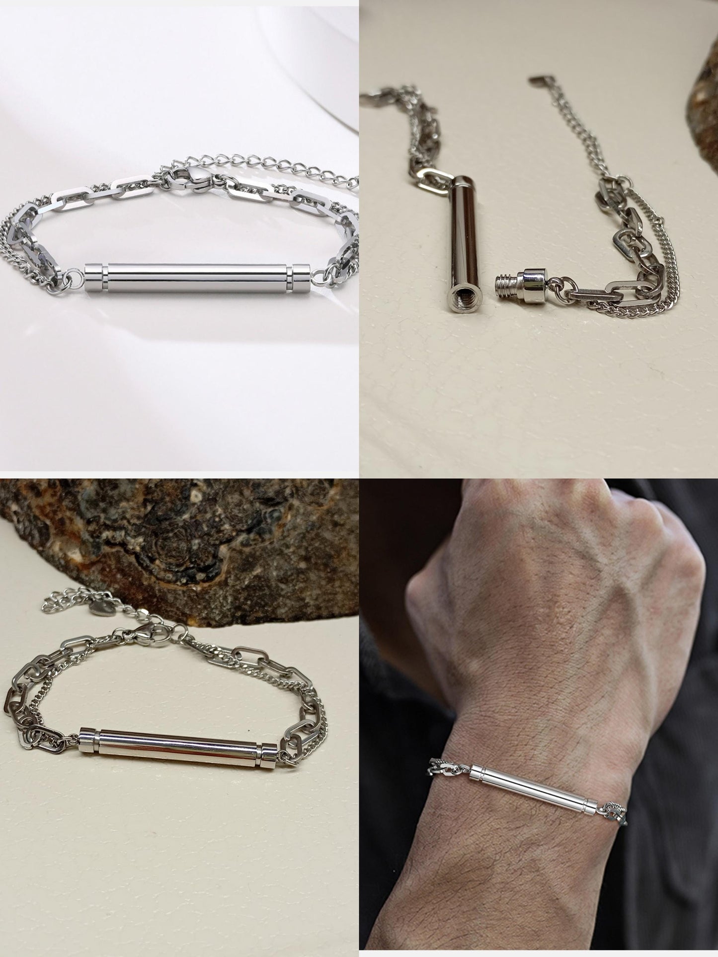 Cremation Urn Bracelet – Stainless Steel Ashes Holder, Memorial Jewelry, Openable Tube, Remembrance Gift, Loss of Loved One, Double Chain