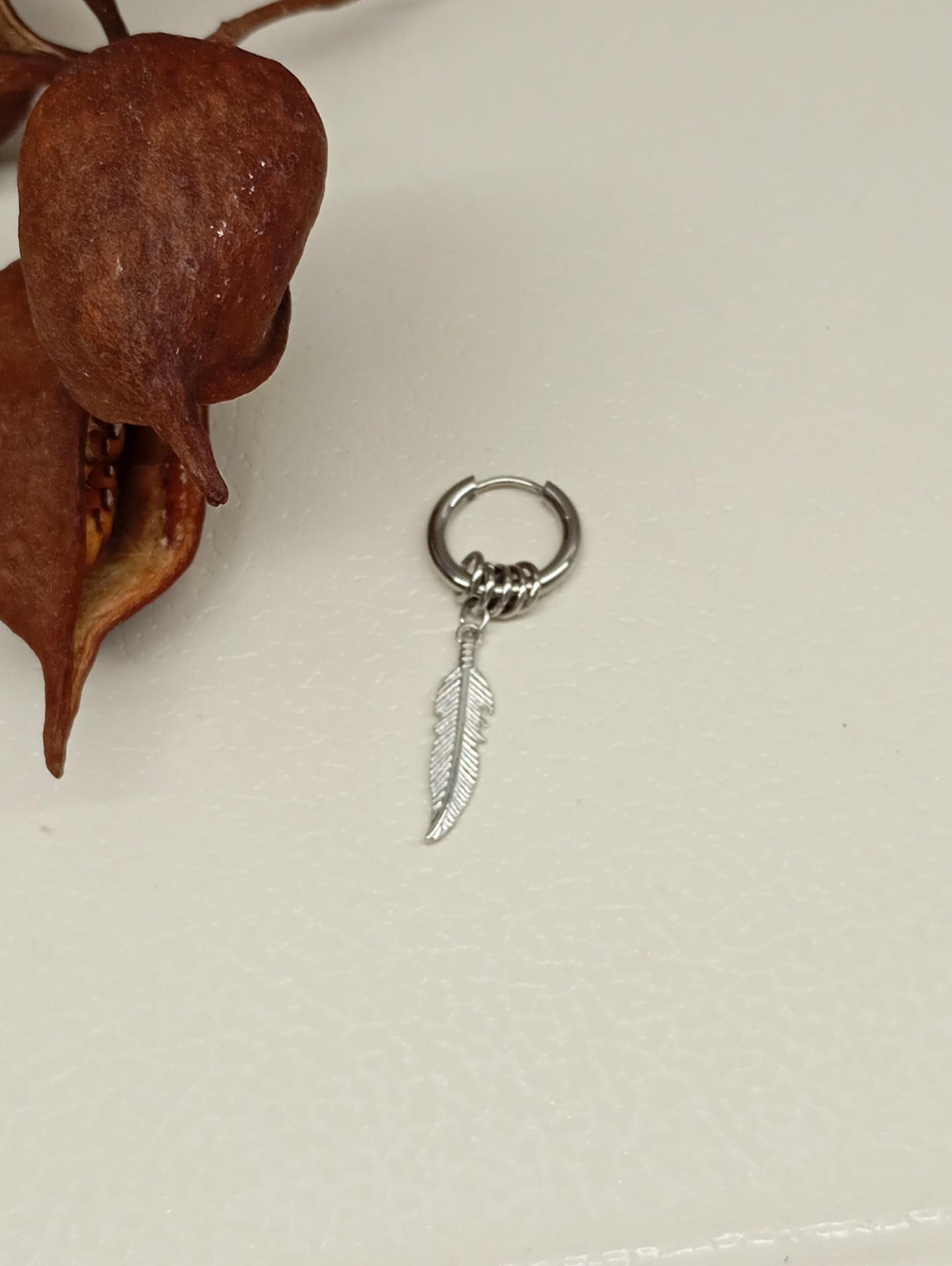 Surgical Steel Feather Hoop Earrings - Boho Punk Hippie, single or pair, Stainless Steel Hoops, Minimalist Gothic Jewelry,  Gift for Her/Him