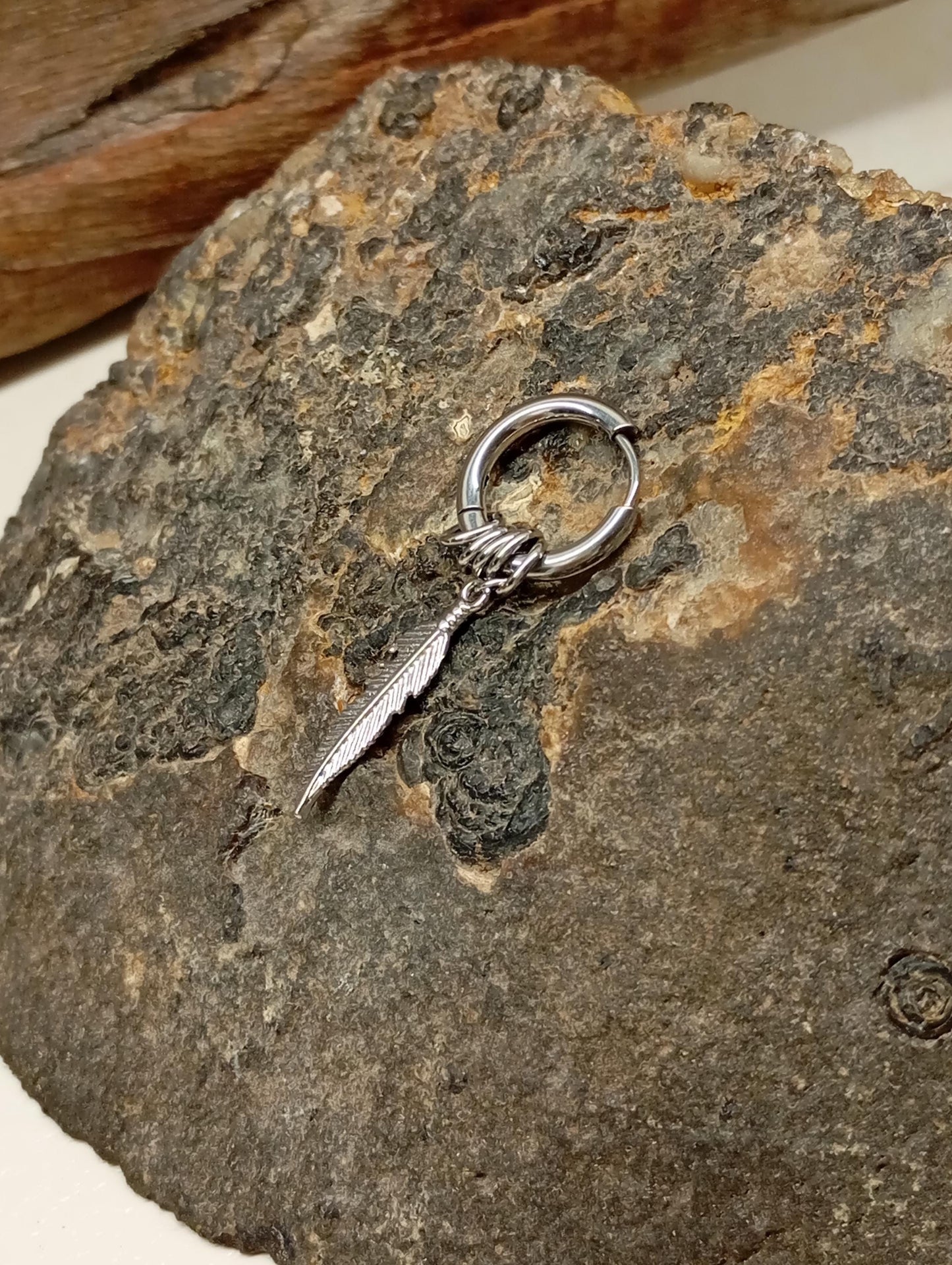 Surgical Steel Feather Hoop Earrings - Boho Punk Hippie, single or pair, Stainless Steel Hoops, Minimalist Gothic Jewelry,  Gift for Her/Him