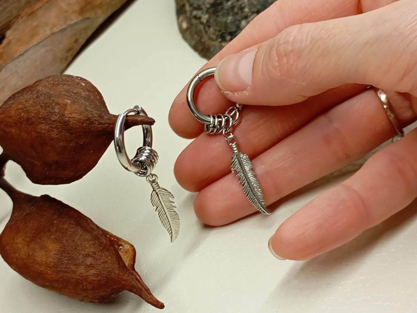 Surgical Steel Feather Hoop Earrings - Boho Punk Hippie, single or pair, Stainless Steel Hoops, Minimalist Gothic Jewelry,  Gift for Her/Him