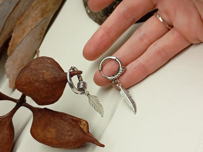 Surgical Steel Feather Hoop Earrings - Boho Punk Hippie, single or pair, Stainless Steel Hoops, Minimalist Gothic Jewelry,  Gift for Her/Him