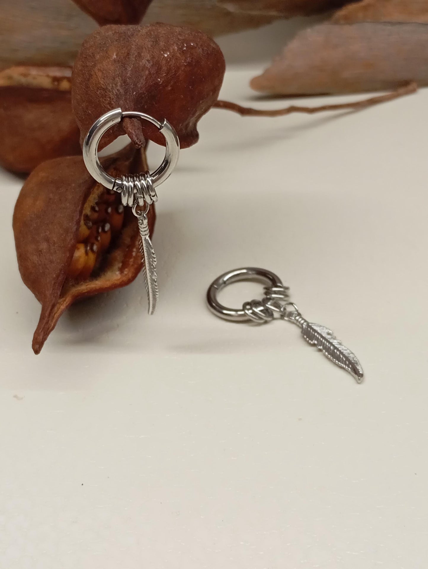 Surgical Steel Feather Hoop Earrings - Boho Punk Hippie, single or pair, Stainless Steel Hoops, Minimalist Gothic Jewelry,  Gift for Her/Him