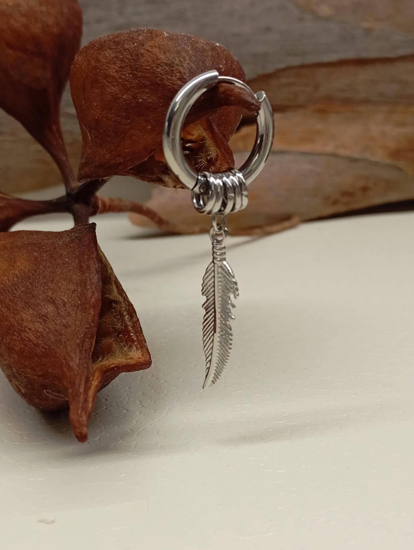 Surgical Steel Feather Hoop Earrings - Boho Punk Hippie, single or pair, Stainless Steel Hoops, Minimalist Gothic Jewelry,  Gift for Her/Him