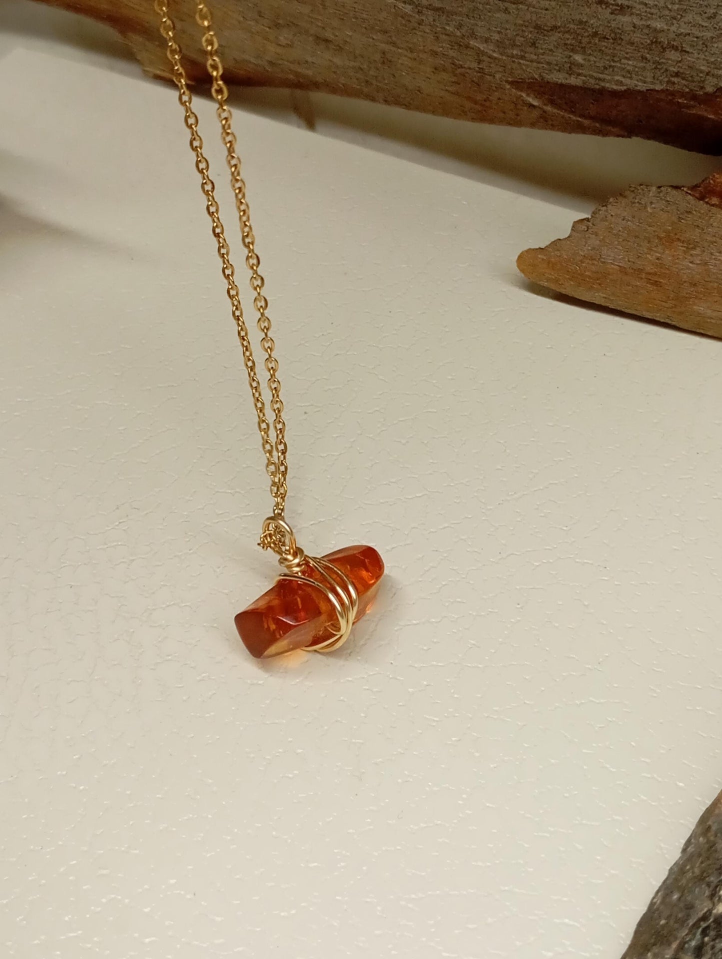 Handmade Baltic Amber Necklace – 24K Gold Plated Copper Wire Wrap, Stainless Steel Chain 45cm, Unique Natural Gemstone Pendant