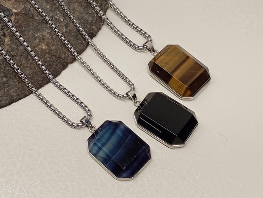 Obsidian- Fluorite- Tigers eye- Pendant Necklace, octagonal shape, Minimalist Healing Protection Jewelry, fashion casual necklace, gemstone