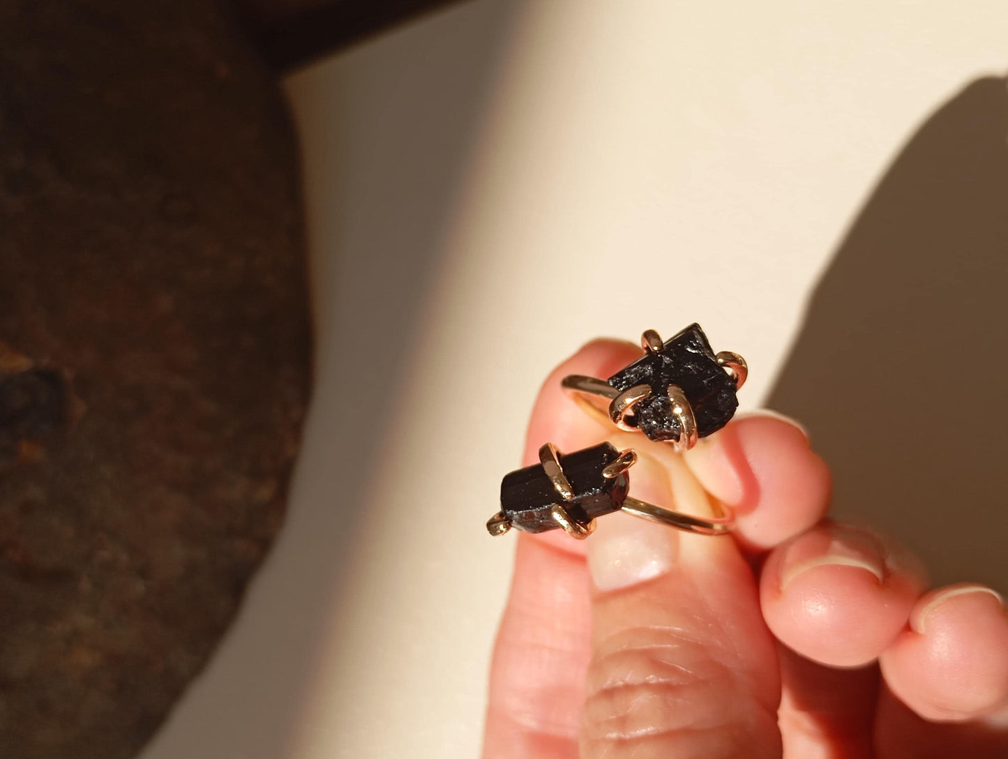 Raw black tourmaline adjustable finger ring in silver or gold, gemstone, healing protection, mascot, fashion, wedding,elegant,gift for women