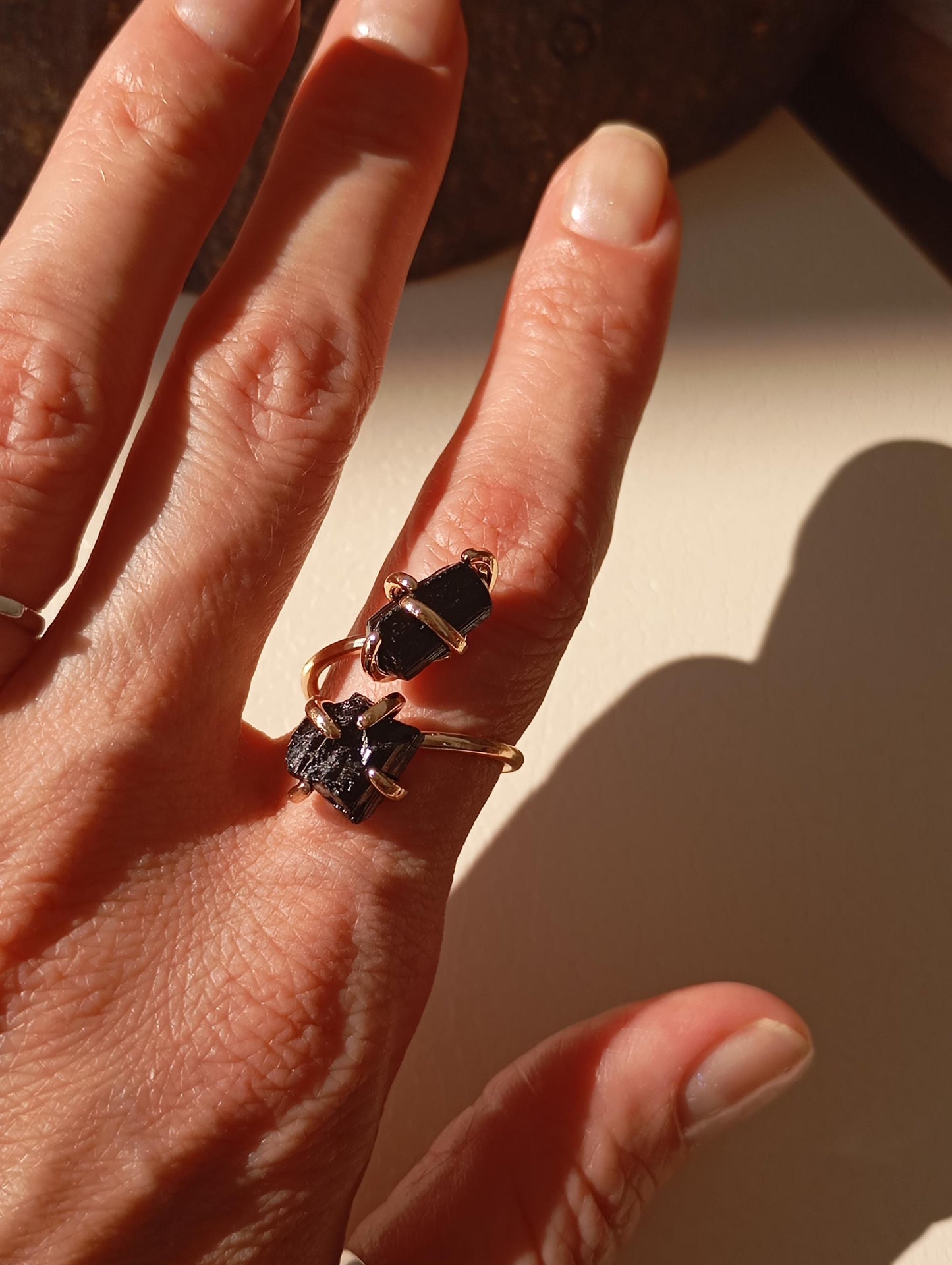 Raw black tourmaline adjustable finger ring in silver or gold, gemstone, healing protection, mascot, fashion, wedding,elegant,gift for women