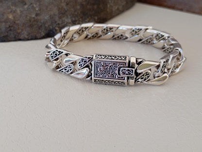 Engraved Stainless Steel Bracelet for Men, Silver Chain with Ornate Clasp,  20cm Viking-Style Link Bracelet – Unique Gift for Him