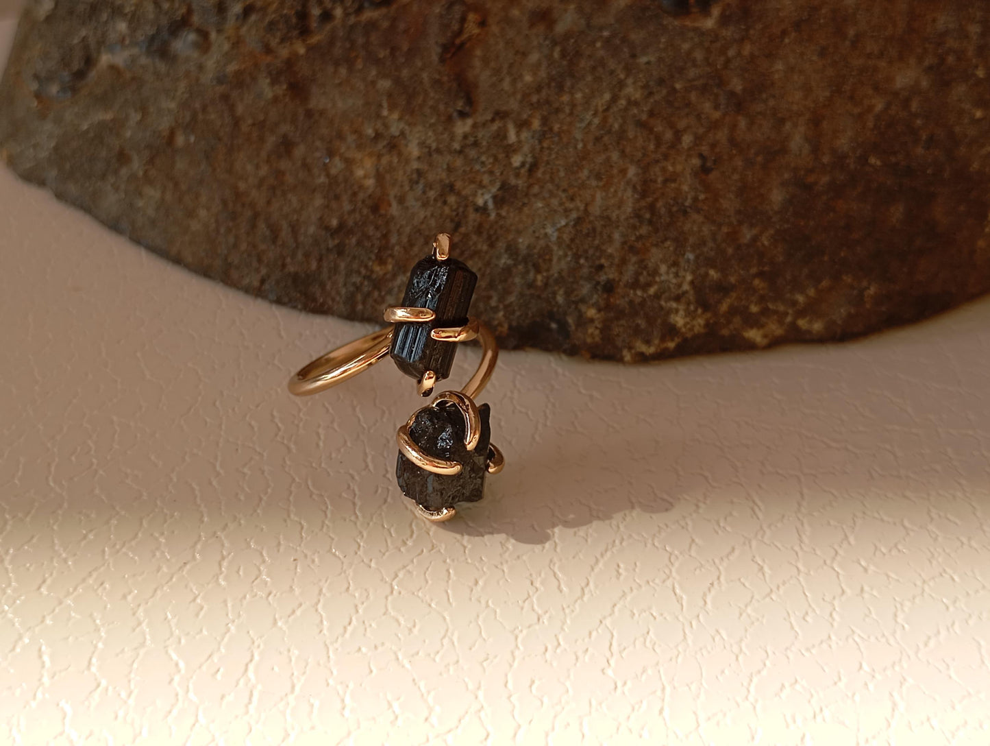 Raw black tourmaline adjustable finger ring in silver or gold, gemstone, healing protection, mascot, fashion, wedding,elegant,gift for women