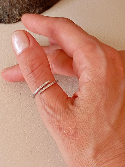 925 Sterling Silver Spiral Ring – Adjustable Open Band with Cubic Zirconia – Dainty Minimalist Wrap Ring – Elegant Gift for Her