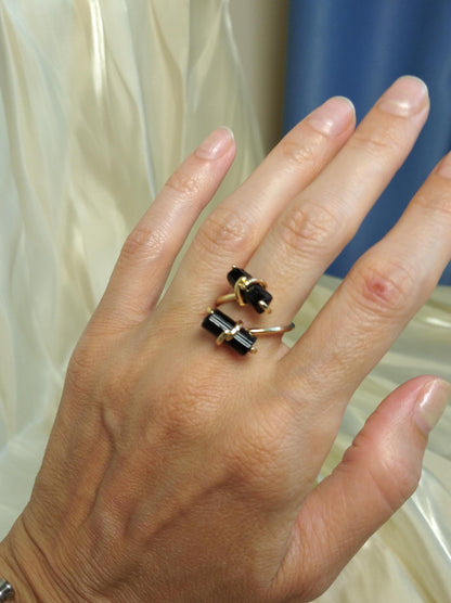 Raw black tourmaline adjustable finger ring in silver or gold, gemstone, healing protection, mascot, fashion, wedding,elegant,gift for women