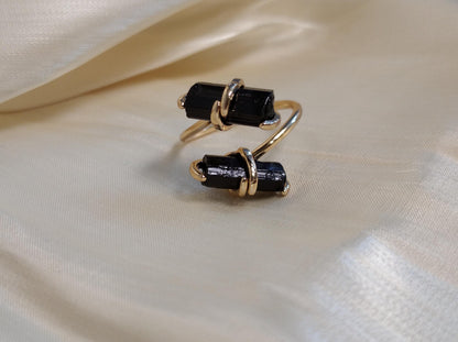 Raw black tourmaline adjustable finger ring in silver or gold, gemstone, healing protection, mascot, fashion, wedding,elegant,gift for women