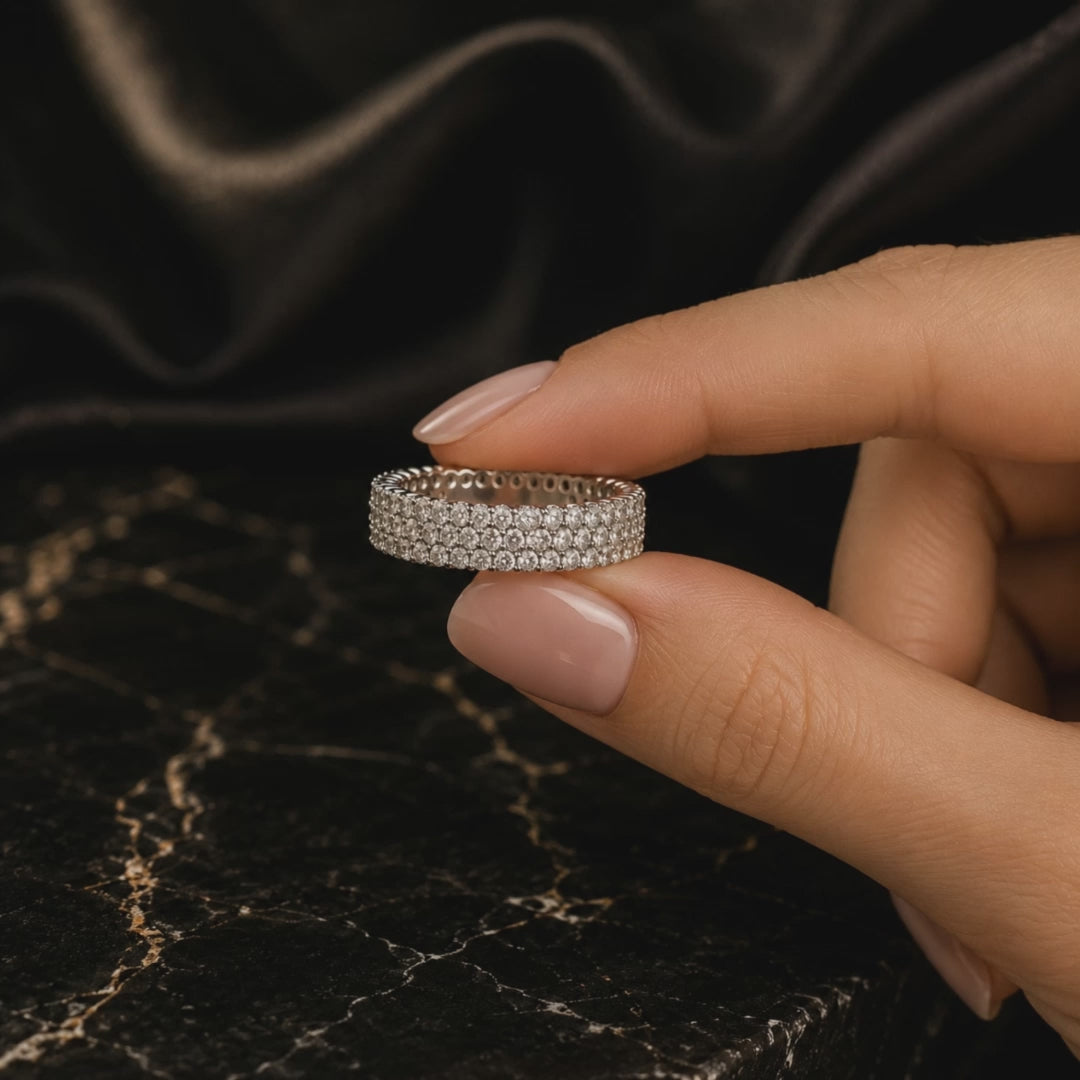 18K Gold Moissanite Eternity Ring – 3 Row Pavé Wedding Band