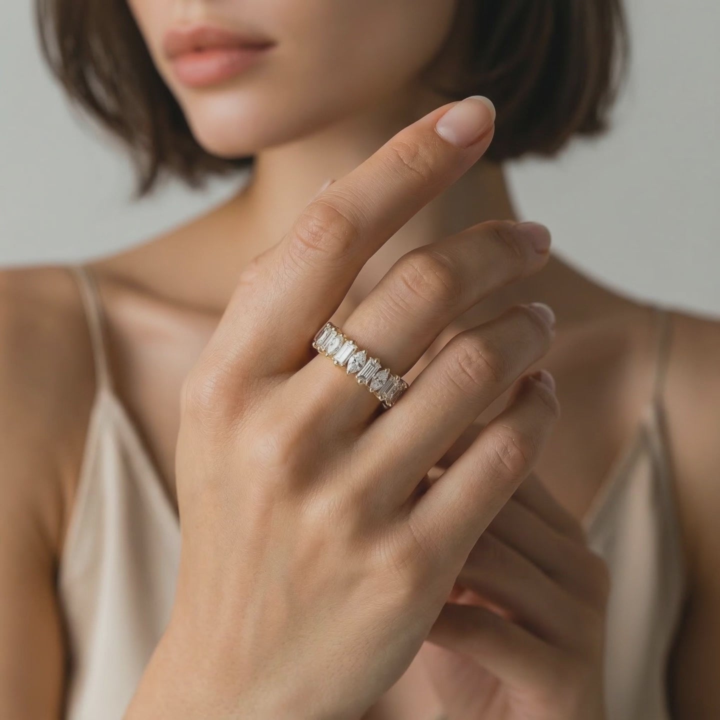 marquise baguette lab grown diamond band on finger minimal ring