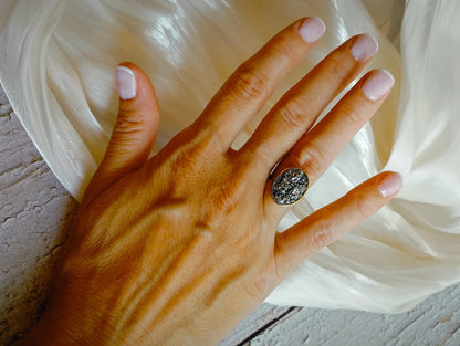 Raw Pyrite Adjustable Ring – Gold Plated Oval Boho Statement Ring