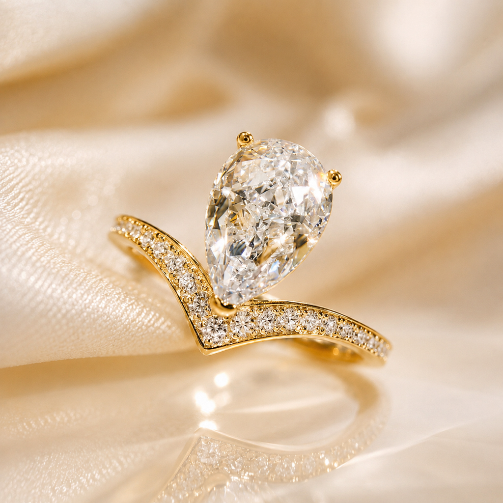 Pear Moissanite Chevron Ring – 2 CT | Solid 14K Gold | SEÓRA