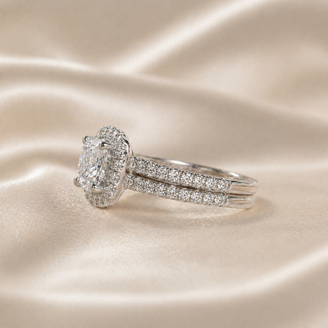 Cushion Cut Halo Bridal Silver Ring Set | SEÓRA