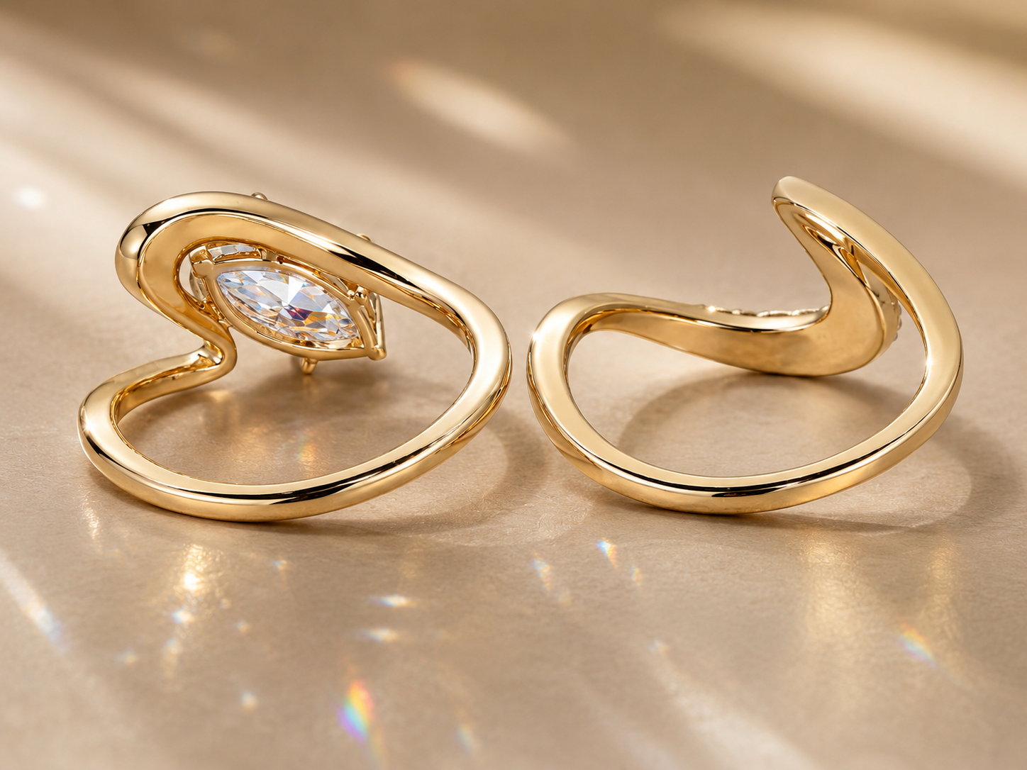 18K Gold Marquise Moissanite Engagement Ring | 2 CT Sculptural Bypass Ring