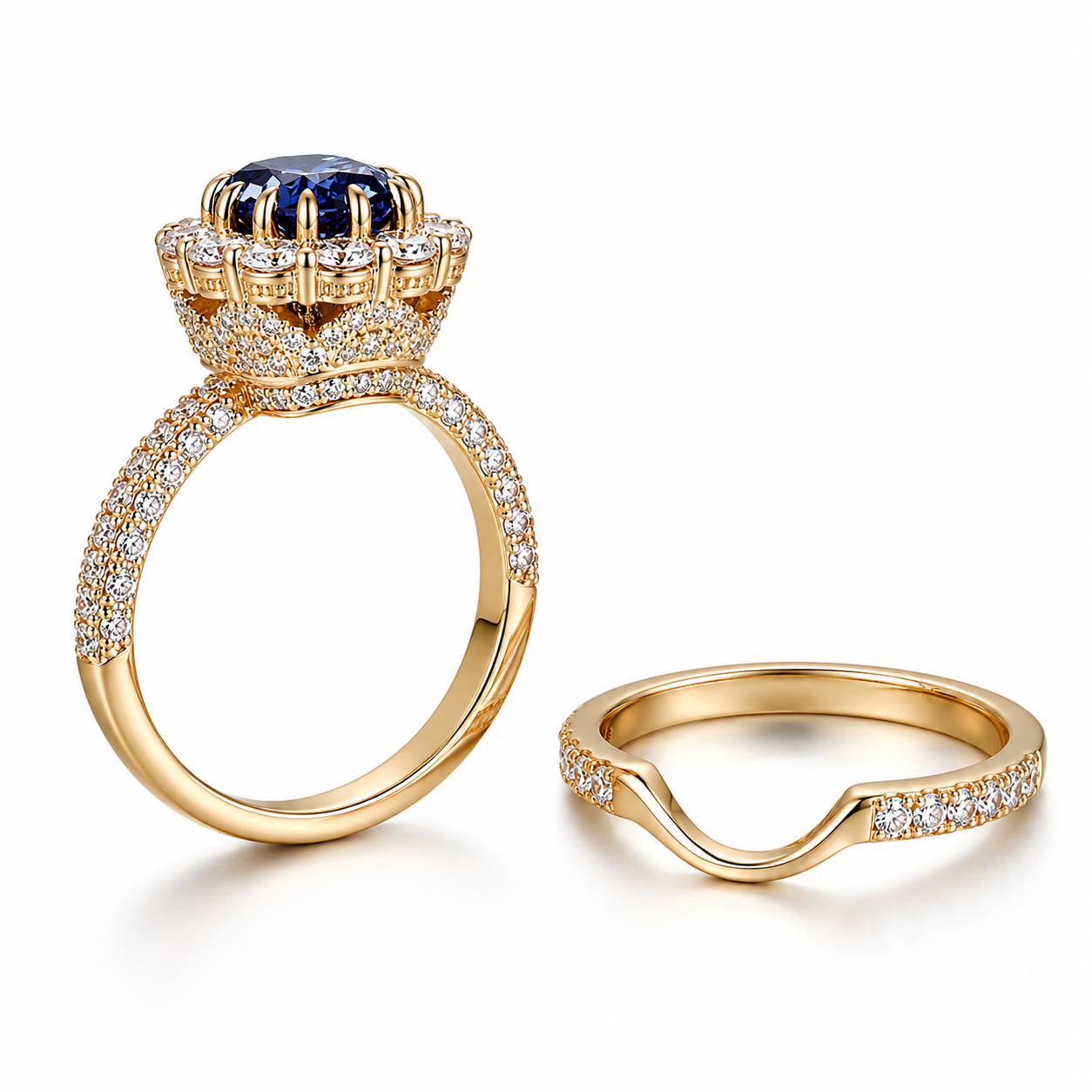 2Ct Lab Grown Sapphire Halo Bridal Set in Solid 18K Gold | Moissanite Wedding Ring Set | SEÓRA