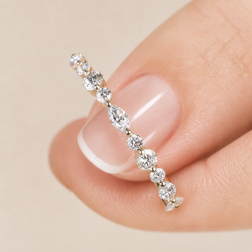 18K Gold Moissanite Half Eternity Ring – Marquise & Round Wedding Band