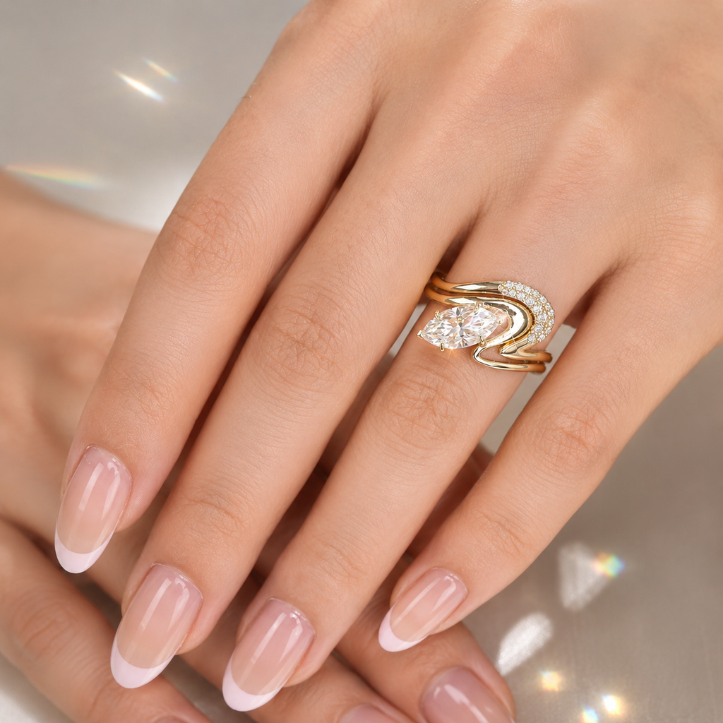 18K Gold Marquise Moissanite Engagement Ring | 2 CT Sculptural Bypass Ring