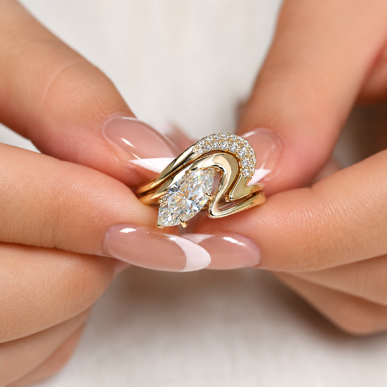 18K Gold Marquise Moissanite Engagement Ring | 2 CT Sculptural Bypass Ring